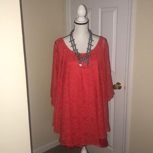 NWT Judith March Coral Shift Dress w/Lace Overlay